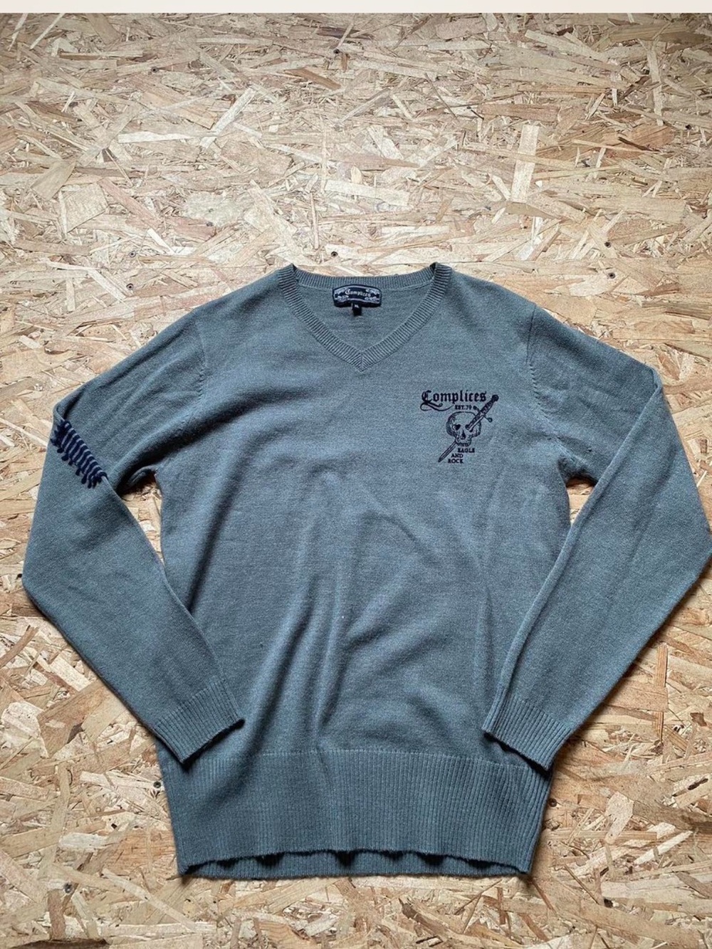 Men's Complices Y2K V-Neck Sweater in grey with skull design & embroidery